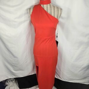 Passion Fusion Red High Neck One Shoulder Right Slit Evening Maxi Dress Medium